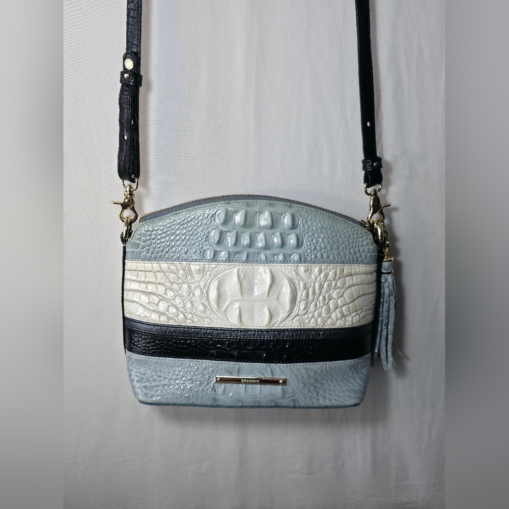 Brahmin Mini Duxbury Vineyard Striped Croc Crossbody Bag Blue Cream Black